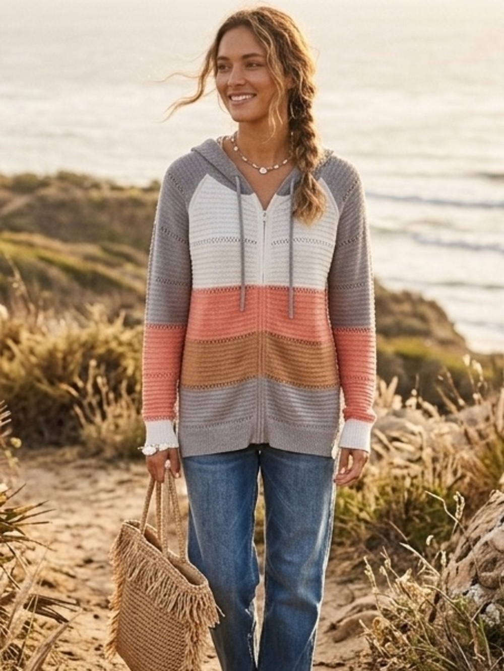 Long Sleeve Knit Sweater Zip Up Hoodie Jacket Lightweight Colorblock Large